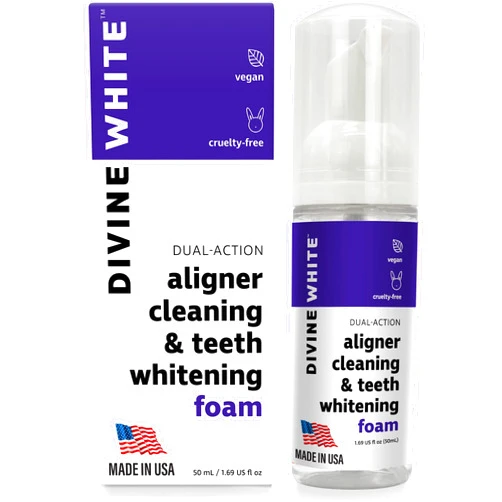 DIVINE WHITE Dual-Action Stain Removal Aligner/retainer Cleaner and Teeth Whitening Foam- Hydrogen Peroxide-Good for Invisalign, ClearCorrect, SmileDirectClub, Candid -Oral Care-Toothpaste Replacement