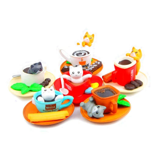 Halloluck 6 Pcs Cute Miniature Teacup Gourmet Cat Figure Animal Cat Characters Toys Mini Figure Collection Playset, Cake Topper, Plant, Automobile Decoration