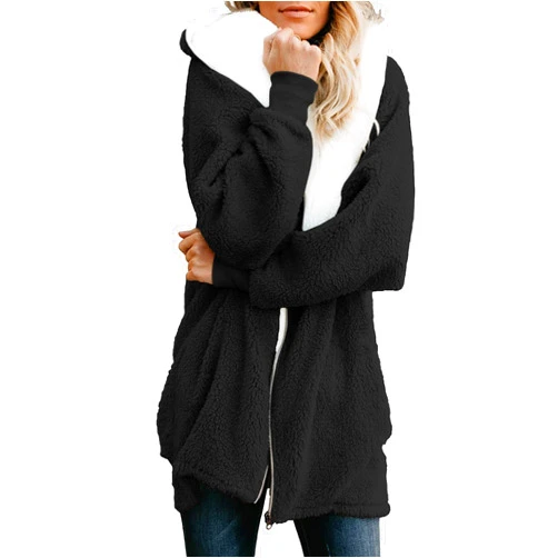 ReachMe Womens Fleece Zip Up Jacket with Pockets Oversized Long Sherpa Hoodie Fuzzy Jackets Warm Teddy Coat