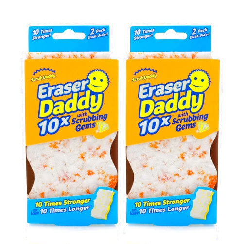 Scrub Daddy - Eraser Daddy with Scrubbing Gems Dual-Sided Scrubber and Eraser, Lasts 10x Longer Than Ordinary Melamine Erasers, Water Activated, Ergonomic, 2ct (Pack of 2)