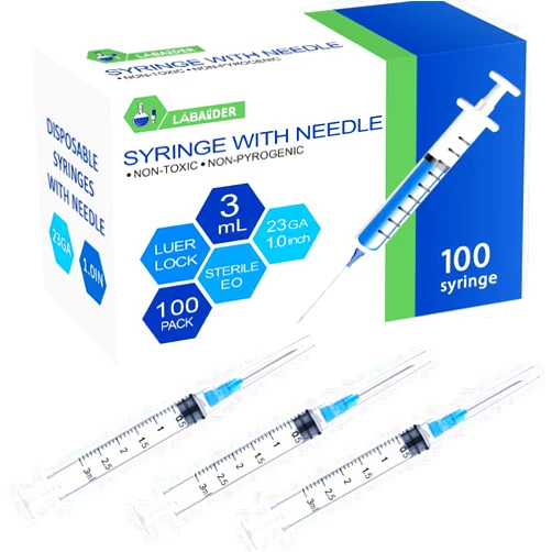LabAider 100 Pack 3ml Syringes with Needle - 23G, 1.0 inch Needle Luer Lock Syringe Individually Packaged