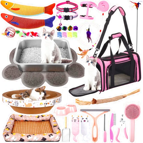 PullCrease 38 Pcs Kitten Supplies Starter Kit Cat Essentials Set Include Cat Scratcher Cardboard Stainless Steel Litter Box Bed Carrier Kitten Toys Accessories for Welcome Gift Supplies