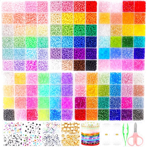 Funtopia 13000pcs 4mm Seed Beads for Jewelry Making, 5 Types 120 Colors Small Glass Beads for Bracelets, Friendship Bracelet Kit with Alphabet Letter Beads, Smile Face Beads for DIY, Art and Craft