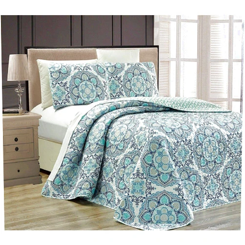 Linen Plus King/California King 3pc Reversible Oversized Bedspread Set Medallion Print Navy Blue White Teal Aqua Taupe New