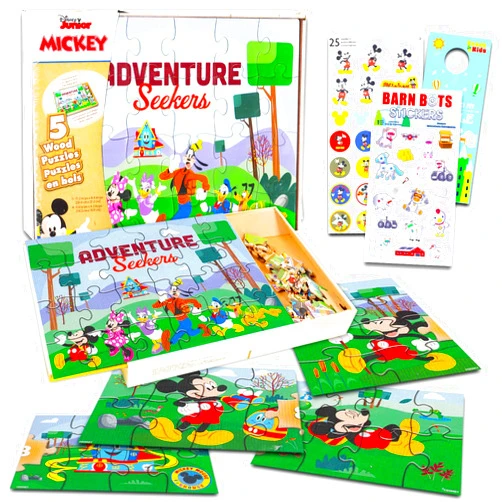 Disney Mickey Mouse Wooden Puzzle 5 Pack - Mickey Mouse Wood Puzzles Bundle with Holding Tray with Mickey Stickers and More | Mickey Mouse Jigsaw Puzzles for Kids