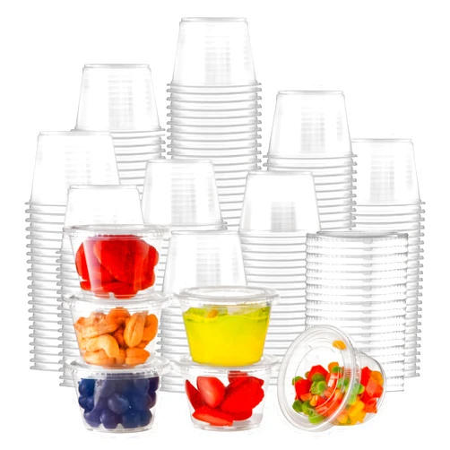 Fit Meal Prep 100 Pack 4 oz Jello Shot Cups with Lids, Disposable Souffle Portion Cups for Sauce