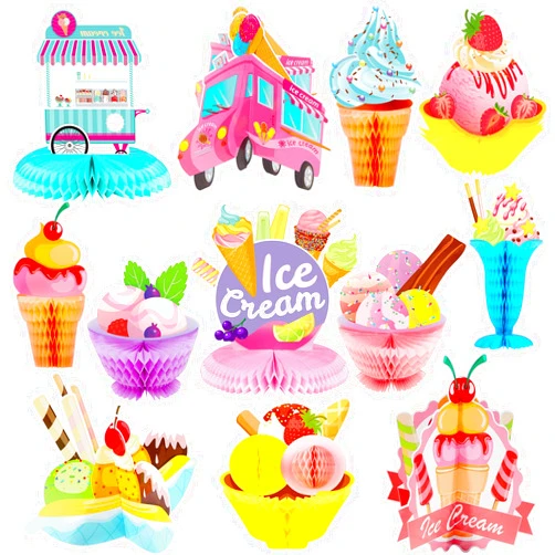 Marspark 12 Pieces Ice Cream Centerpiece Honeycomb Sundae Topper Decoration Ice Cream Cart Centerpiece for Theme Party Birthday Baby Shower Party Supplies
