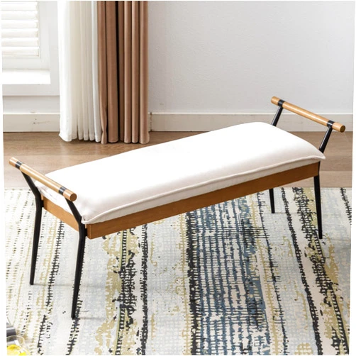 Ya-Home Mid-Century Modern Bench, Upholstered Chenille Fabric Entryway Bench with Armrest Metal Legs Ottoman for Bedroom Living Room, White