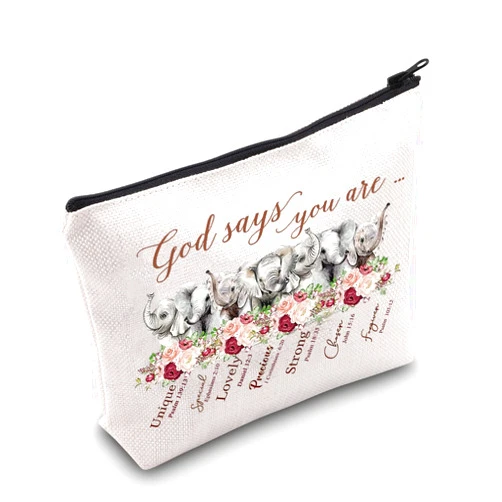 WZMPA Funny Elephant Makeup Bag Animal Lover Gift God Says You Are Unique Special Lovely Precious Strong Elephant Zipper Pouch Bag For Women Girls (God Says Elephant)