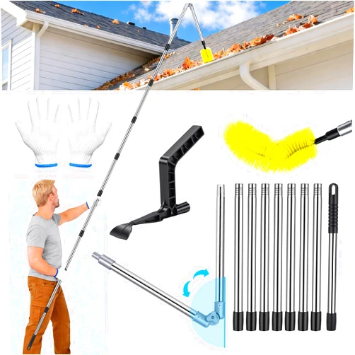 Hysagtek 13FT Gutter Cleaning Tools - Adjustable Long-Reach Rain Gutter Cleaning Brush, No Ladder Needed Removes Leaf Debris from Roof Gutters, Leaf Cleaning Kit with Brushes & Shovel