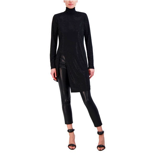 BCBGMAXAZRIA Women's Pullover Long Sleeve Crew Neck Studded Cut Out Tunic Top