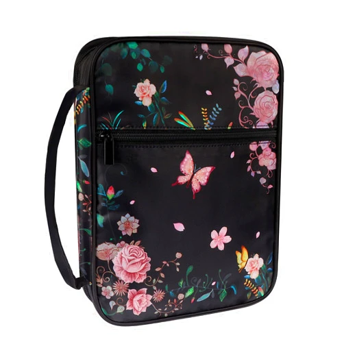 POJAGU Bible Cover, Carrying Bible Book Bag Church Case, Floral Pattern Bible Protective with Handle and Zippered Pocket for Men Women Girls, Black