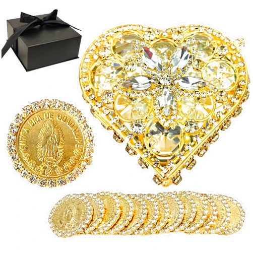Cuitáxi Catholic Wedding Coins Set - 13 Gold Plated Coins with Our Virgen de Guadalupe in Gift Box - Made in Mexico