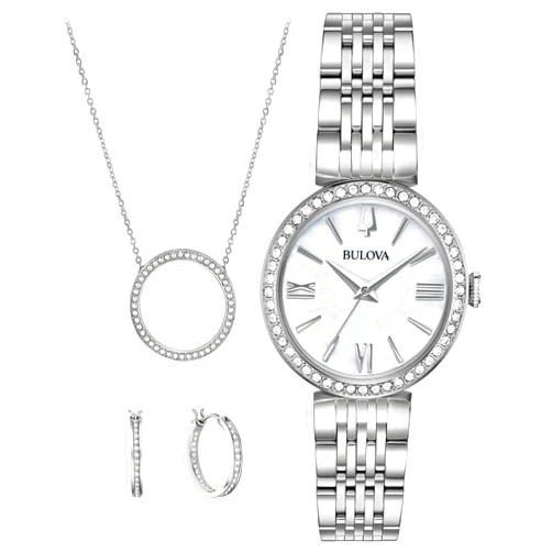 Bulova-Ladies' Crystal Stainless Steel Box Set with White Mother-of-Pearl Dial 3-Hand Quartz-Watch and Circle Crystal-Pendant-Necklace and Hoop Earrings, 30mm Style: 96X149