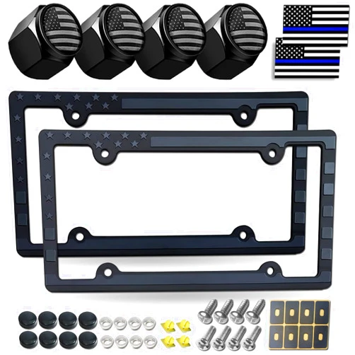 Tuersan Black American Flag License Plate Frames- Patriotic USA Stars and Stripes Plastic Car Tag Cover Holder with Mount Screws Caps for Truck / SUV, Auto Accessories Patriot Veterans Military