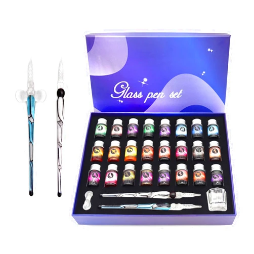 ASXMA Glass Dipped Pen Ink Set Handmade Crystal Calligraphy Pen with 24Colorful India Ink for Art, Signatures, Drawing, Decoration, Caligraphy Kits for Beginners