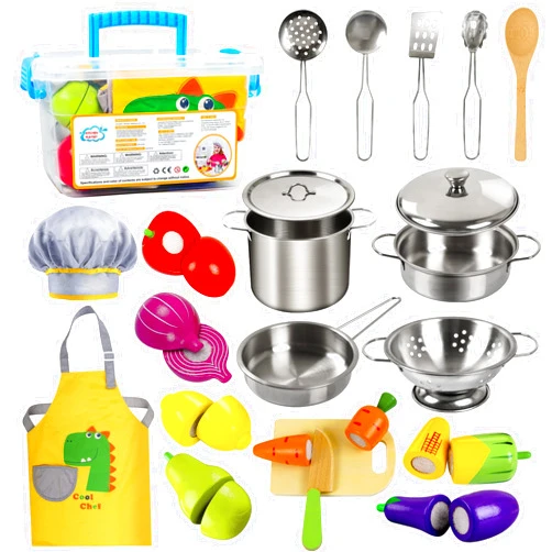 Sundaymot Play Kitchen Accessories, Wooden Play Food, Cooking Set with Stainless Steel Cookware Pots and Pans Utensils, Apron, Chef Hat, ​Cutting Food Kitchen Playset for Girls and Boys