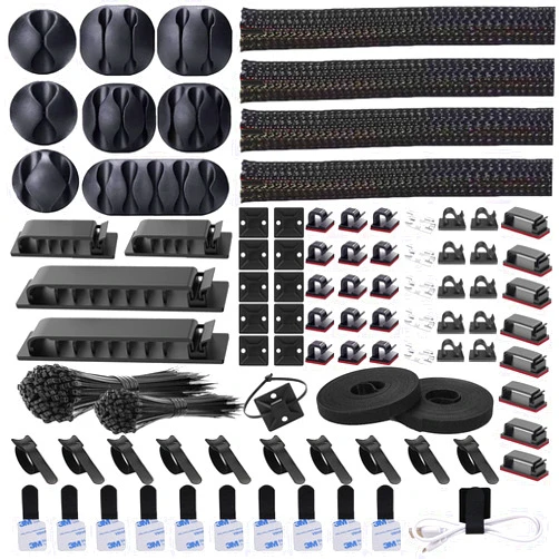 DRIVUU 311Pcs Cable Management Organizer Kit 4 Cable Sleeve Split,53Cable Clips 12Cord Clips Holder,22 Cable Ties, 20 Adhesive Wall Cable Tie, 200Fasten Cable Ties for TV Office Home Electronics
