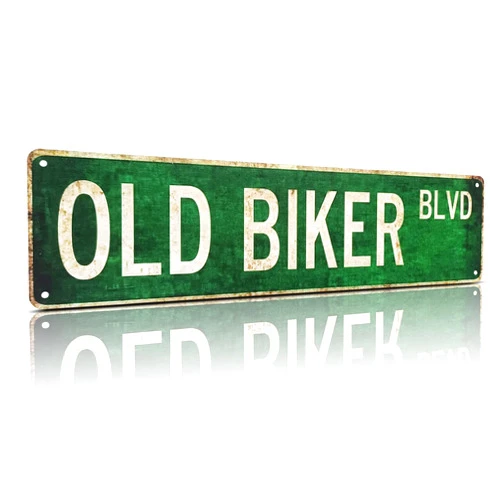 MOSM Old Biker Blvd Metal Sign 4x15 inch | Rust-Free Aluminum Motorcycle Man Cave Decor | Weatherproof Indoor/Outdoor Wall Art for Garage, home bar sign, pub wall decor, Workshop & Biker Gifts