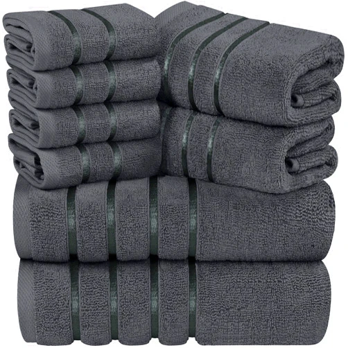 Utopia Towels 8-Piece Luxury Towel Set, 2 Bath Towels, 2 Hand Towels, and 4 Wash Cloths, 600 GSM Ring Spun Cotton Highly Absorbent Viscose Stripe Towels Ideal for Everyday use (Grey)