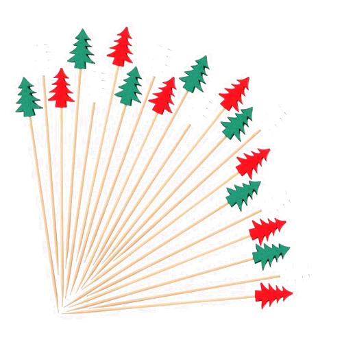 LYFREE 100 Pcs Christmas Cocktail Picks 5.12 Inch Holiday Bamboo Party Fruit Sticks, 3 Color Pinetree Decorative Toothpicks for Food Drink Dessert Appetizers