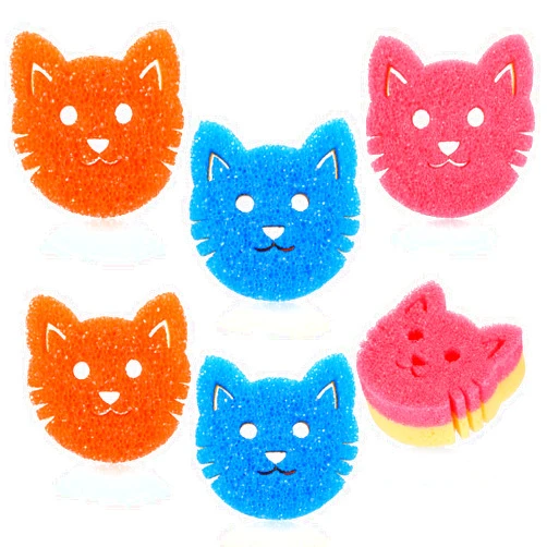FillTouch 6 Pcs Cat Dual Sided Scrub Sponge Cleaning Sponges Cute Temperature Sensitive Dish Sponges for Washing Dishes Non Scratch Household Multi Use Sponges Scrubber for Kitchen, 3 Colors