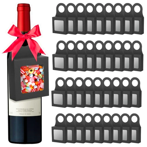 SAYAYA 36 Pcs Kraft Paper Wine Bottle Box with Window Empty Wine Bottles for Decoration Hanging Foldable Gift Wine Boxes Holds Truffles Clear Treat Boxes Chocolate Covered Strawberries Boxes (Black)