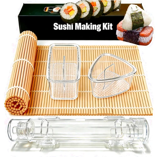NTMURIKS Sushi Making Kit Set – Clear Sushi Bazooka, Musubi Press Mold, Onigiri Rice Mold & Bamboo Sushi Rolling Mat – Easy Homemade Sushi Tools for Beginners & Sushi Lovers