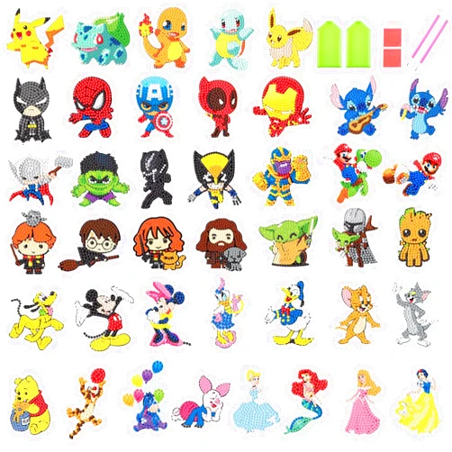 xackcme 48 Pcs Diamond Art Painting Sticker Kits for Kids-Cartoon Diamond Gem Stickers Kit,5D Diamond Art Stickers Mosaic for Kids Gift for Boys Girls 4-8-10-12 Years Old