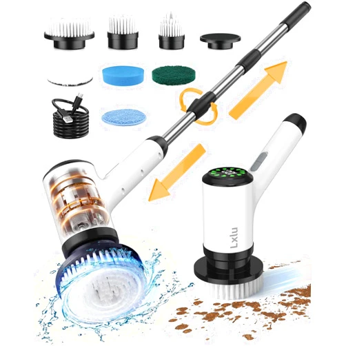 Lxlu Electric Spin Scrubber, Cordless Cleaning Bruse with 7 Replaceable Brush Heads，LX White-T4