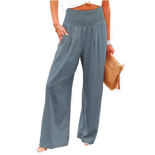 chouyatou Women's Smocked High Waisted Cotton Linen Wide Leg Pants Palazzo with Pockets