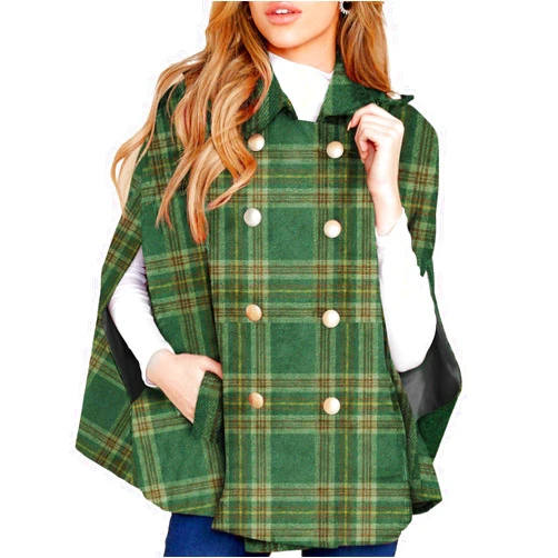 MISUMALLS Womens Plaid Jacket Double Breasted Winter Cape Coats Turn Down Poncho with Pockets