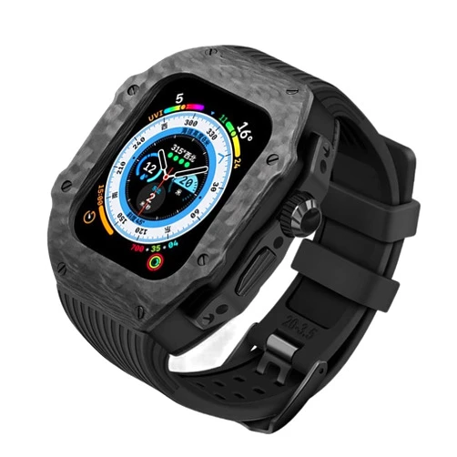 HOUCY Luxury Modification Kit For Apple Watch Ultra 49mm Carbon Fiber Case For iWatch 8 7 6 5 4 SE 45mm 44mm Fluorine Rubber Band