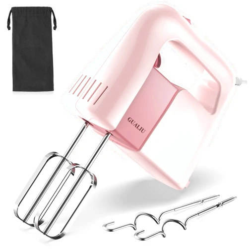 GUALIU 5-Speed Electric Hand Mixer, 400W Electric Mixer Food Mixer with Stainless Steel Whisk Beaters, Dough Hook & Storage Bag, Handheld Mixer Dough Mixer for Baking & Cooking, Turbo Boost/Pink