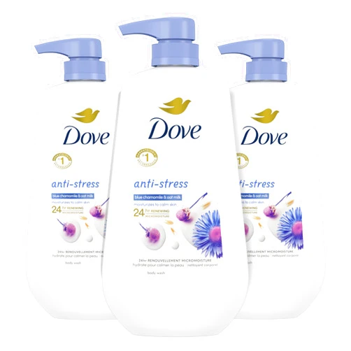 Dove Body Wash with Pump Anti-Stress Blue Chamomile & Oat Milk, 3 Count for Renewed, Healthy Looking Skin, Moisturizing Gentle Skin Cleanser with 24hr Renewing MicroMoisture, 30.6 oz
