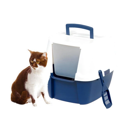IRIS USA Cat Litter Box, Large Litter Box Enclosure with Front Door Flap and Scoop, Covered Kitty Litter Box with Handle and Buckles for Portability and Privacy, Navy/White