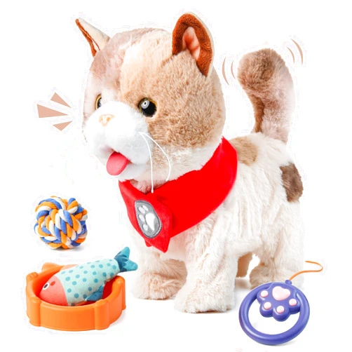 TUMAMA Toy Cat for Kids, Cute and Realistic Kitty Toy That Walks, Meows, Tongues Out and Wags Tail, Interactive Electronic Cat Plush Toy with Leash, Best Gift for Boys and Girls Ages 3 4 5 6 7