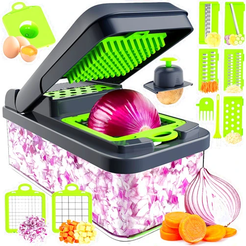 MealHelper 12-in-1 Vegetable Chopper, 7 Blade Veggie Chopper, Practical Food Chopper with Container, Cheese Grater, Home Essentials & Kitchen Gadgets(Green/Grey)
