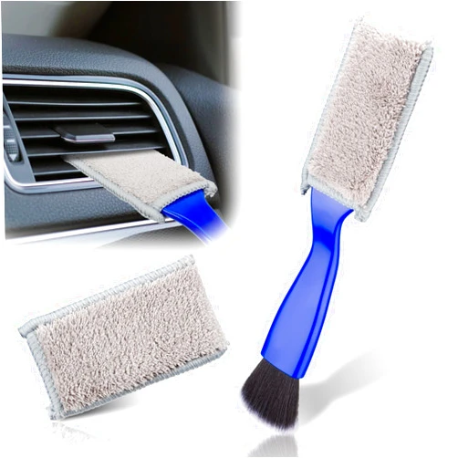 BFXM Double Head Brush for Car Clean, 2 in 1 Car Detailing Brush, Double Ended Portable Dust Brush with 2 Cleaning Cloth, Universal Dust Removal Brush for Air Conditioner Outlets, Dashboard Screen (Blue)