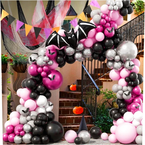 Bonropin 178pc Pink Halloween Arch Kit with Silver, Black, Pink Foil Balloons, 3D Bat Stickers for Girls' Decoration