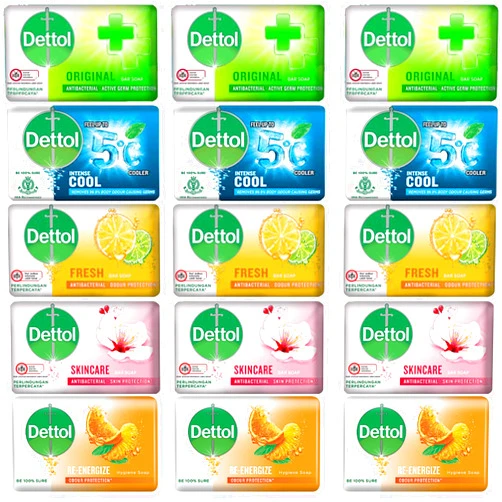 Peaceful Squirrel Dettol Anti-Bacterial Hand and Body Soap, Variety 15-Pack, 5 Scents, Original, Skincare, Fresh, Cool, Re-energize 100g Each