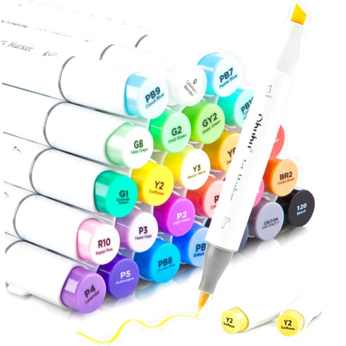 Ohuhu Alcohol Markers Brush Tip - Double Tipped Alcohol Based for Beginners Artist Sketching Adult Coloring Illustration - Brush Chisel Dual Tips - 24 Basic Colors of Ohuhu Markers Honolulu