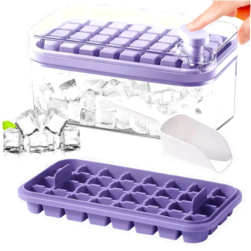 RIXINC Ice Cube Tray with Lid and Bin, 2 Pack Ice Cube Trays for Freezer & 1 Ice Scoop, 64 Pcs Easy Release Ice Cube Mold Ice Tray for Chilling Cocktail Whisky Coffee (Purple)