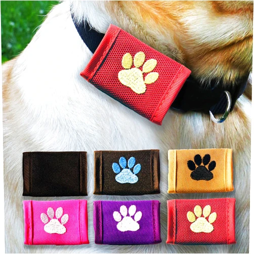 SilenTags Dapper Dog Pet Tag Silencer and AirTag Holder - Ballistic Nylon (Red with Gold Paw Print)