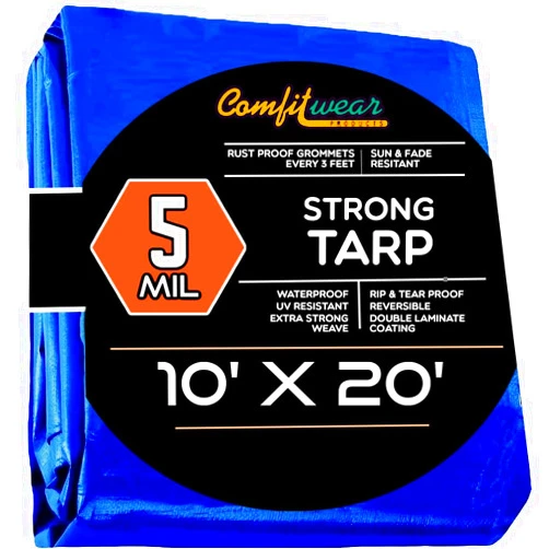 COMFITWEAR 10' x 20' Blue Poly Tarp Cover, Water Proof Tent Shelter Camping RV Boat Tarpaulin