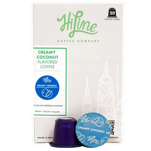 HiLine Coffee HiLine Espresso Coffee Pods, Creamy Coconut Flavored Coffee, 20 Count (Pack of 1), Single Cup Espresso Capsules, Compatible with Nespresso Original Brewers