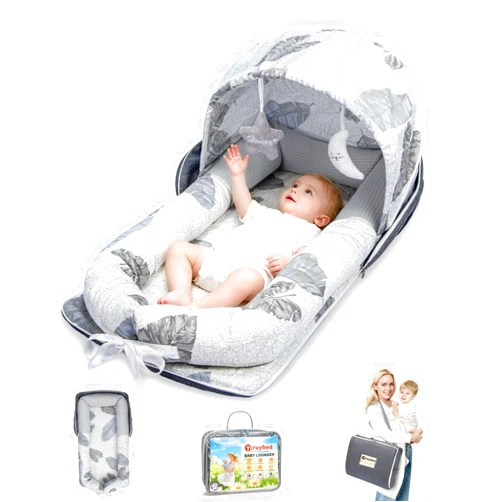 Tcruybed Baby Lounger, Portable Foldable Travel Lounger for Newborn 0-12 Month, Washable Lightweight Infant Nest with Canopy, Soft Breathable Baby Nest with Adorable Pattern, Home & Outdoor Use