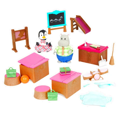 Li'l Woodzeez Lil Woodzeez – Classroom & Playground Playset – Dollhouse Furnitures & Accessories with 2 Doll Figures – Toy School Set – Pretend Play – Gift for Kids 3 Years +