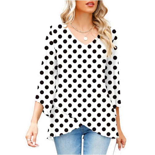 LOMON Women's 3/4 Sleeve Tunic Top Dressy V Neck Mesh Blouse Double Layered Shirt with Leggings