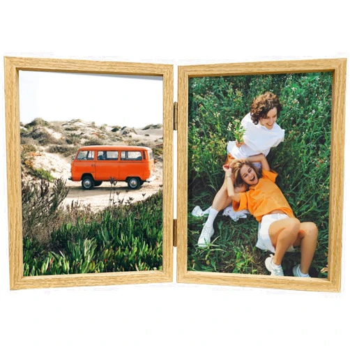 Mizidutii 5x7 Double Hinged Picture Frames, 2 Folding Wood Grain Photo Frame Stand Vertically, Real Glass Front